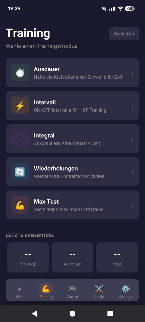 Trainingsübersicht mit verschiedenen Trainingsmodi